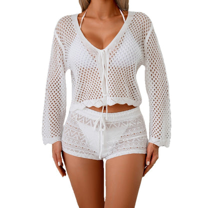 Cotton-like Women's Cardigan Hollow Woven Blouse