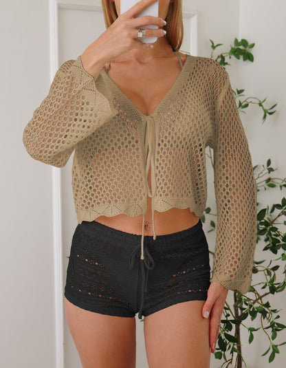 Cotton-like Women's Cardigan Hollow Woven Blouse