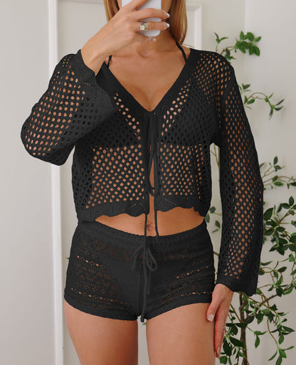 Cotton-like Women's Cardigan Hollow Woven Blouse